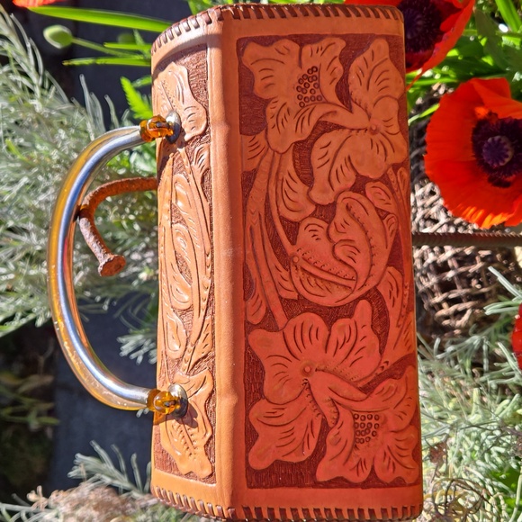 HAND TOOLED Cowhide Leather Purse with Melamine handle. VINTAGE Brown /Tan - Picture 7 of 17